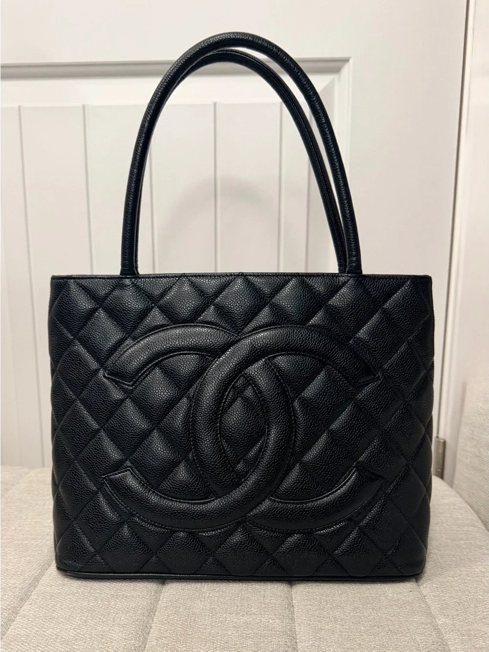 Vintage CHANEL Black Quilted Caviar Medallion Tote 24K gold-plated hardware